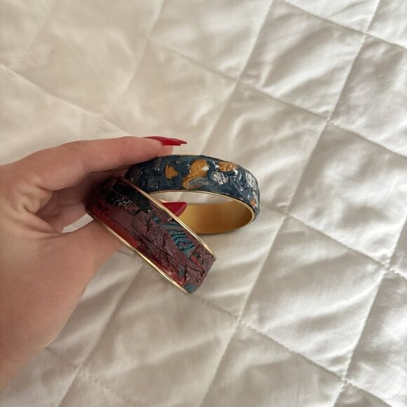 Lot Of 2 Handmade Bohemian Style Cuff Bangle Bracelet Art Blue Purple - Picture 4 of 8